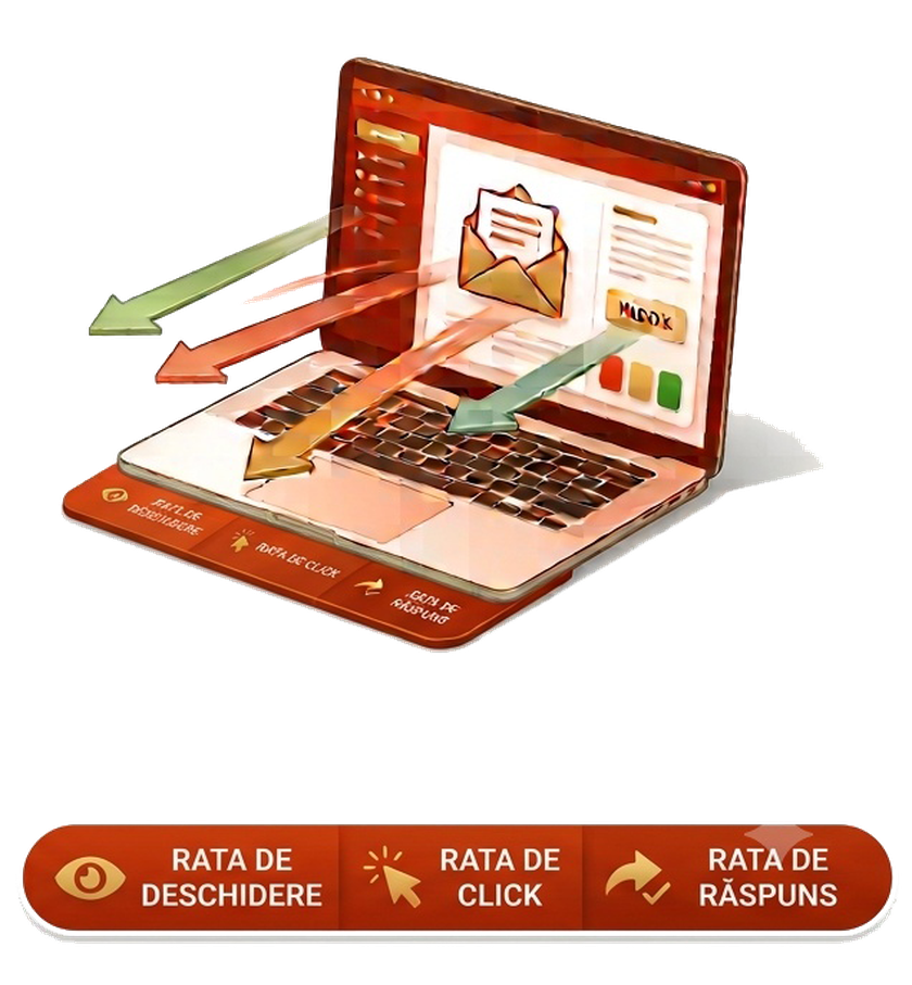 Laptop cu emailuri trimise și indicatori rată de deschidere, rată de click, rată de răspuns